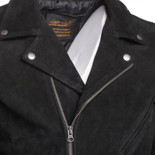 Closeup texture and collar of black suede leather on Silva's Black Suede Leather Biker Jacket