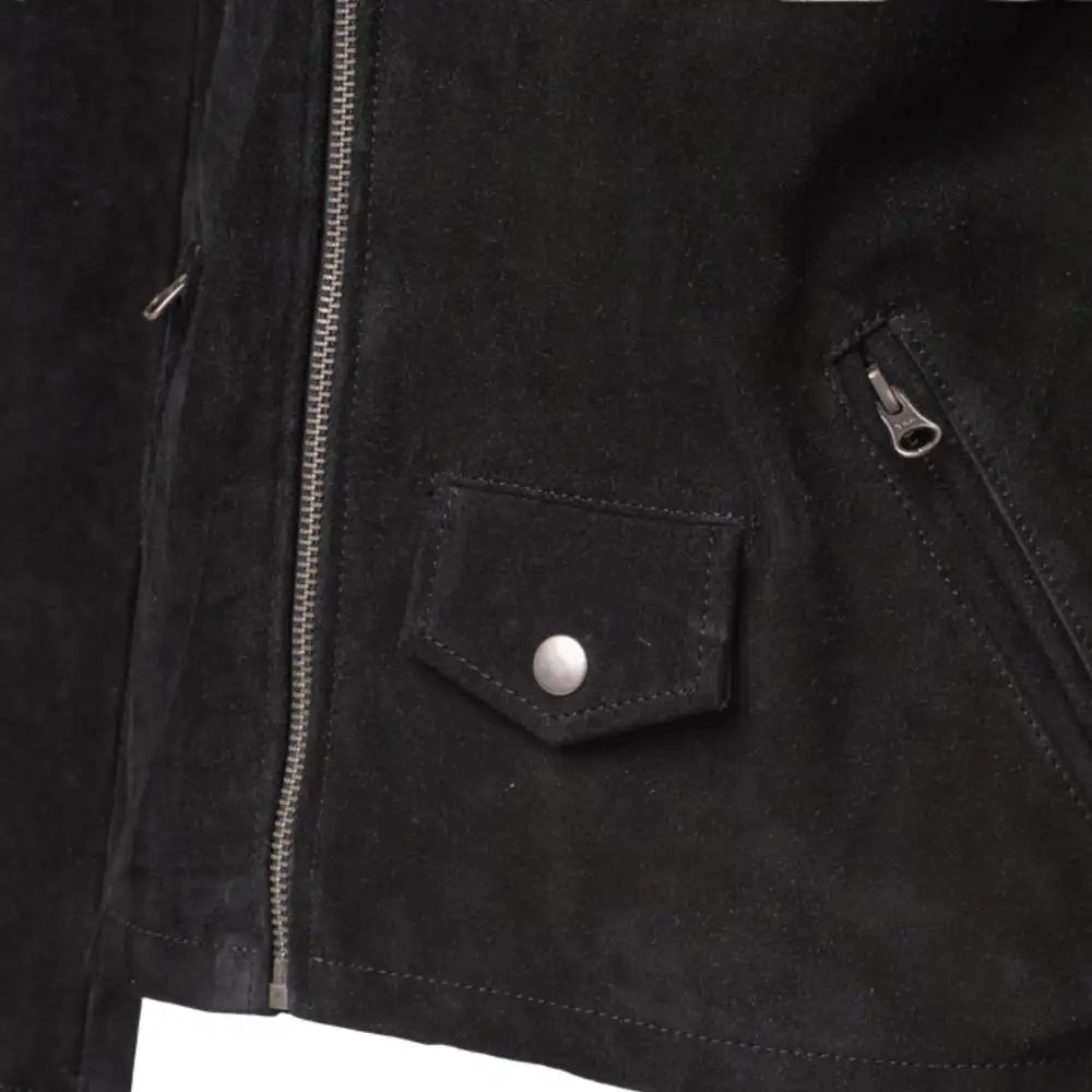Closeup of zipper and pocket hardware on Silva's Black Suede Leather Biker Jacket
