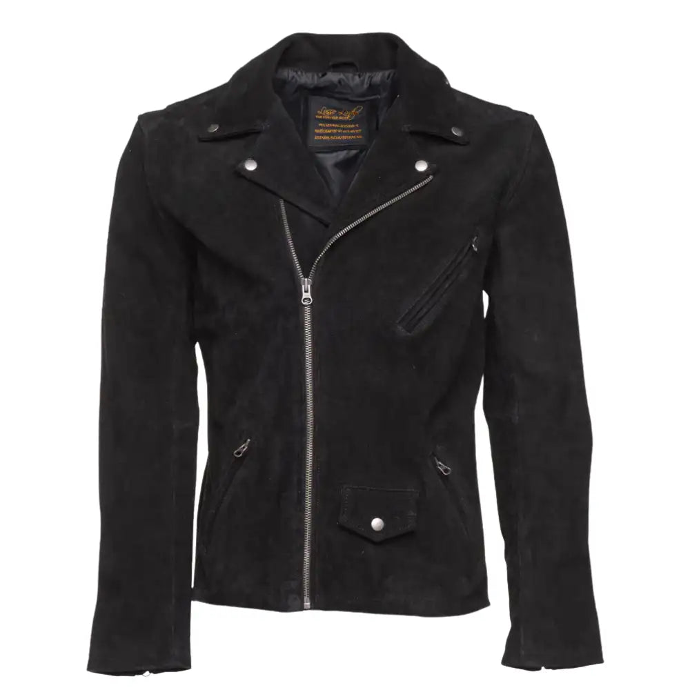 Front view of Silva's Black Suede Leather Biker Jacket with classic asymmetrical zipper