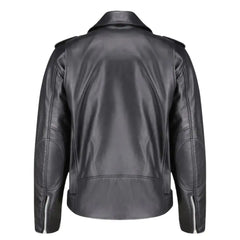 Rear view of the Slim Fit Belted Leather Biker Jacket highlighting the tailored fit across the shoulders and the clean, streamlined back panel.