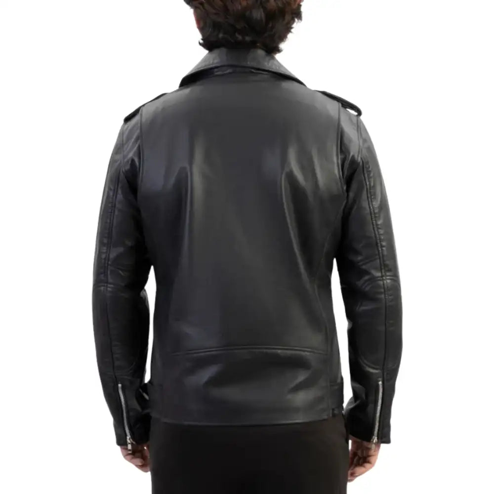 A back view of the model wearing the Slim Fit Belted Leather Biker Jacket, illustrating how the tapered design hugs the body for a modern, fashion-forward biker style.