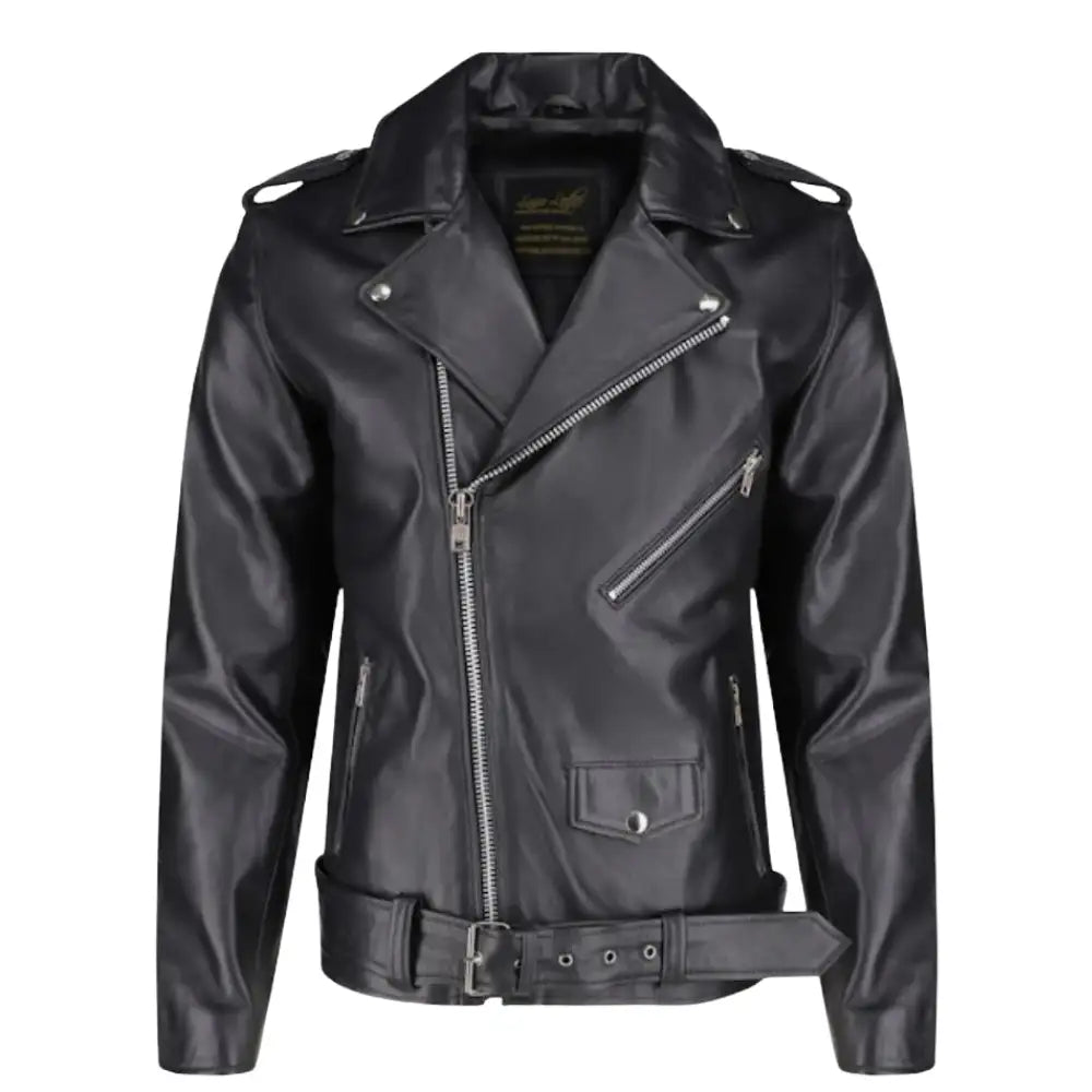 Front view of the Slim Fit Belted Leather Biker Jacket showcasing its narrow-cut torso, asymmetrical zipper, and adjustable leather waist belt.
