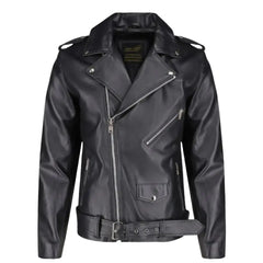 Front view of the Slim Fit Belted Leather Biker Jacket showcasing its narrow-cut torso, asymmetrical zipper, and adjustable leather waist belt.