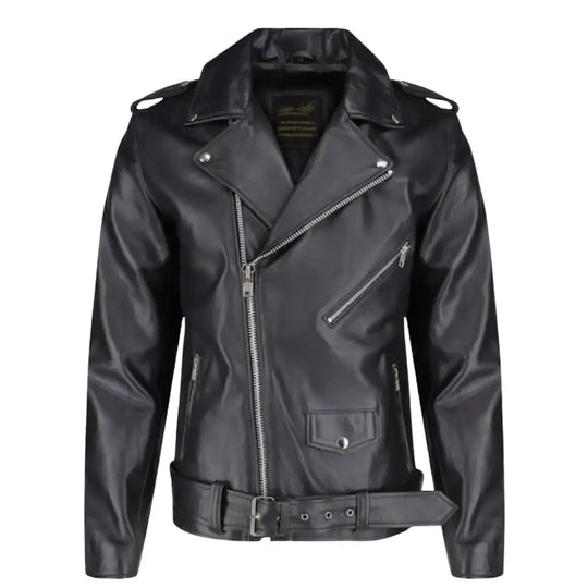 Front view of the Slim Fit Belted Leather Biker Jacket showcasing its narrow-cut torso, asymmetrical zipper, and adjustable leather waist belt.