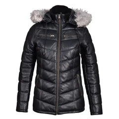 Full front view of Snow’s hooded winter leather puffer jacket, featuring deep horizontal quilting and an insulated, high-neck leather hood.