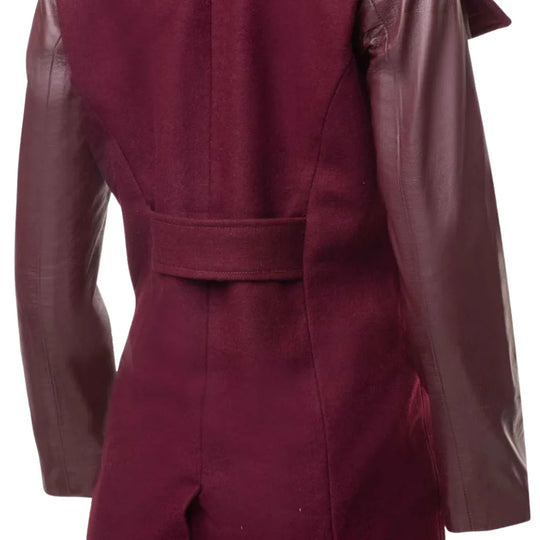 Back view of Sophie's 3/4 length maroon wool blend coat for women, showing a clean tailored silhouette with a central seam and a single walking vent at the hem.