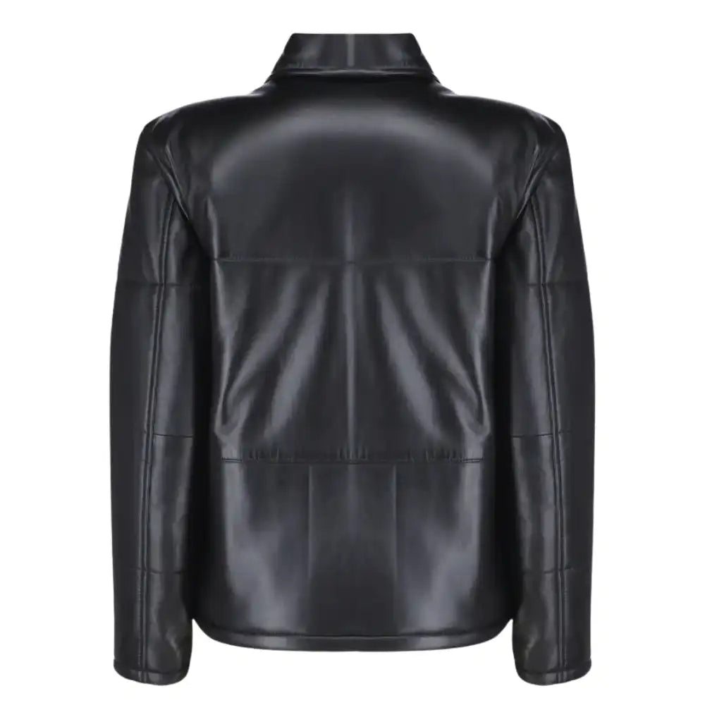 Back view of the Sorine leather puffer showing the contoured horizontal quilting that creates a flattering, feminine silhouette.