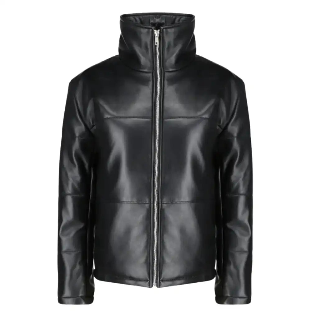 Standup view of the Sorine women’s black leather puffer jacket, featuring a slim-fit quilted design and a high stand-up collar.