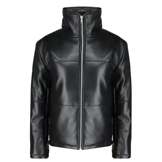 Standup view of the Sorine women’s black leather puffer jacket, featuring a slim-fit quilted design and a high stand-up collar.