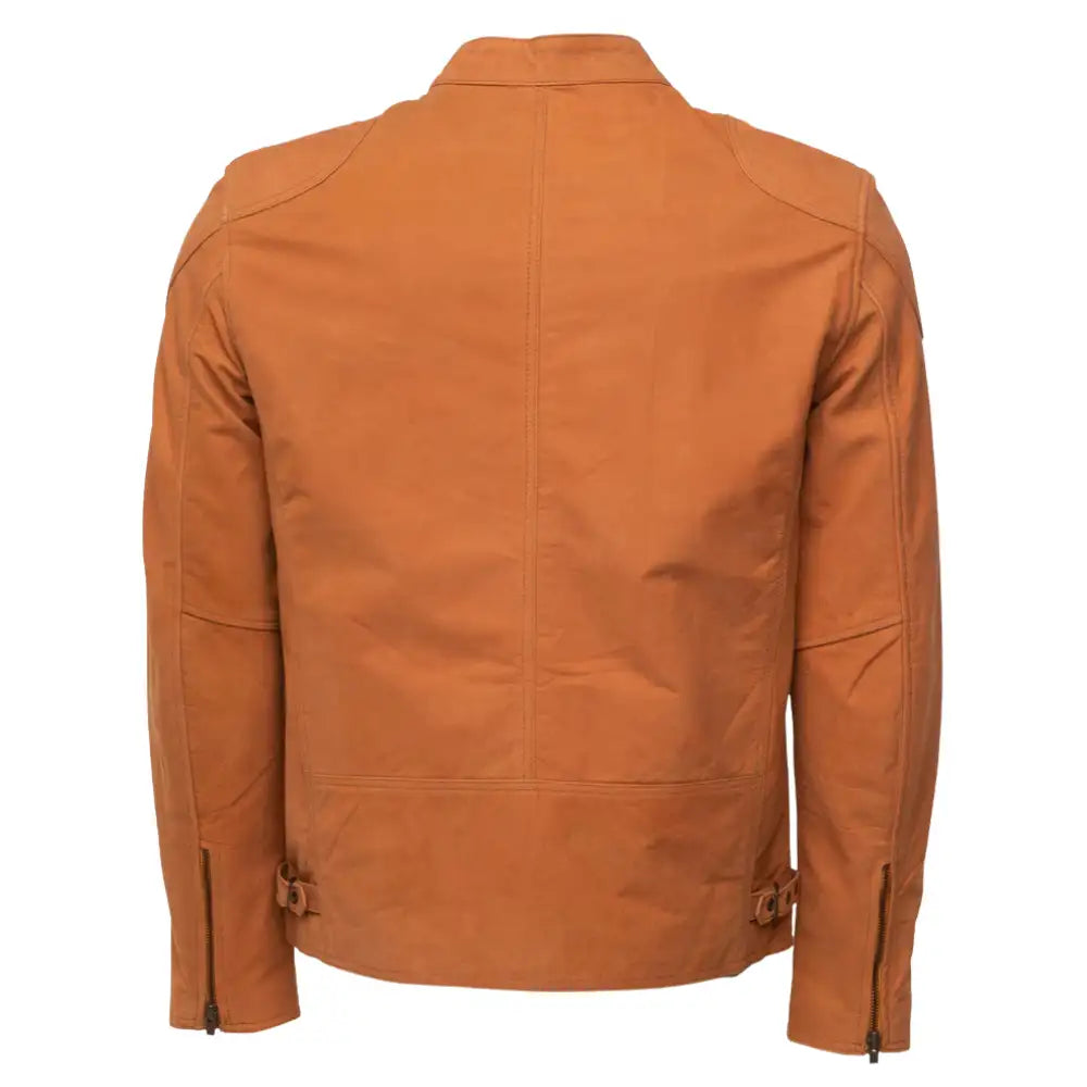 Rear view of Steve's Nubuck Plain leather moto jacket on a white background.