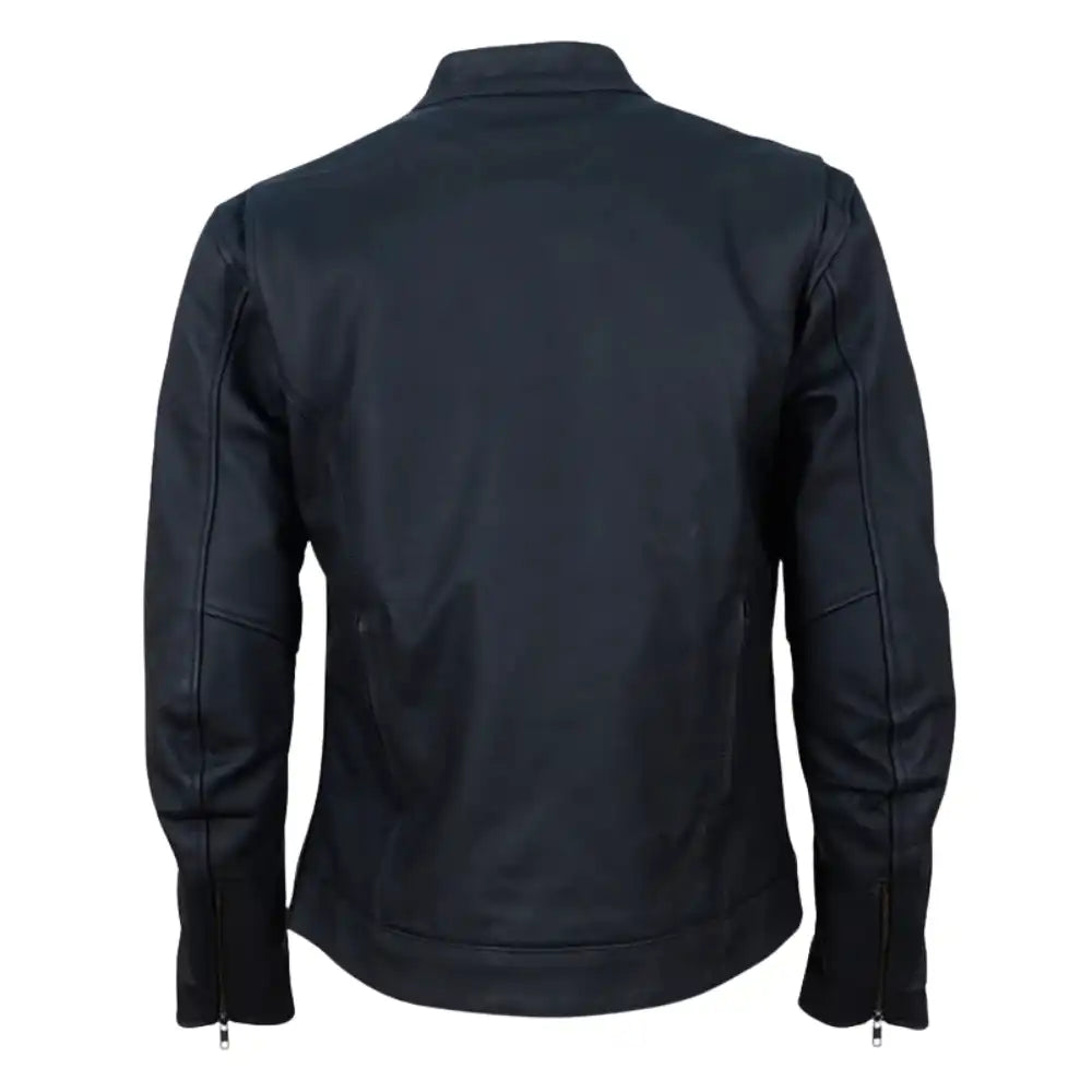 Back view of the matte black leather trucker jacket showing a clean, seamless back panel and adjustable button tabs at the waist for a tapered fit.