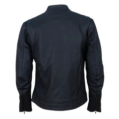 Back view of the matte black leather trucker jacket showing a clean, seamless back panel and adjustable button tabs at the waist for a tapered fit.
