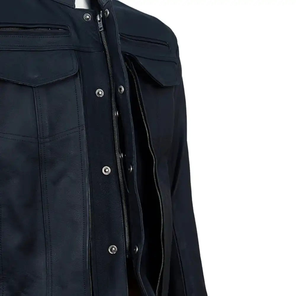 Close-up of the premium matte black leather grain, highlighting the non-reflective finish and heavy-duty reinforced stitching throughout.