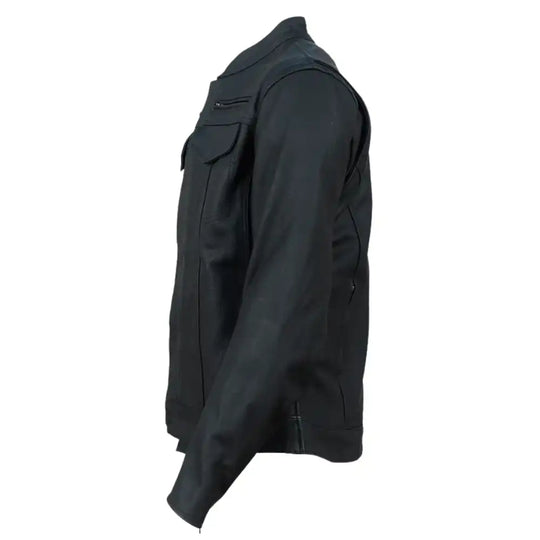 Detailed side shot of the antique-finished metal shank buttons and the hidden interior zipper for added wind protection and secure closure.