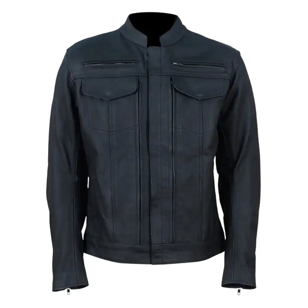 Front view of the Storm Rider leather trucker jacket in matte black, featuring a classic button-down front, dual chest pockets, and a structured collar.