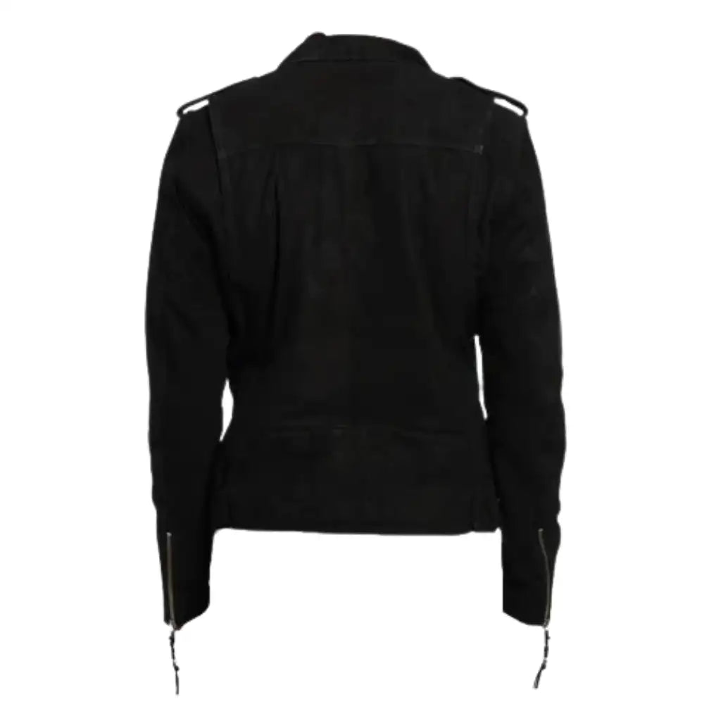 Rear design of suede belted leather biker jacket