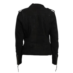 Rear design of suede belted leather biker jacket
