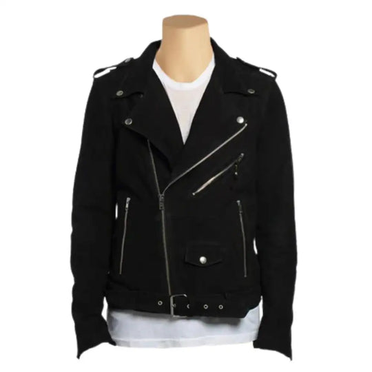 Front profile of premium suede belted leather biker jacket
