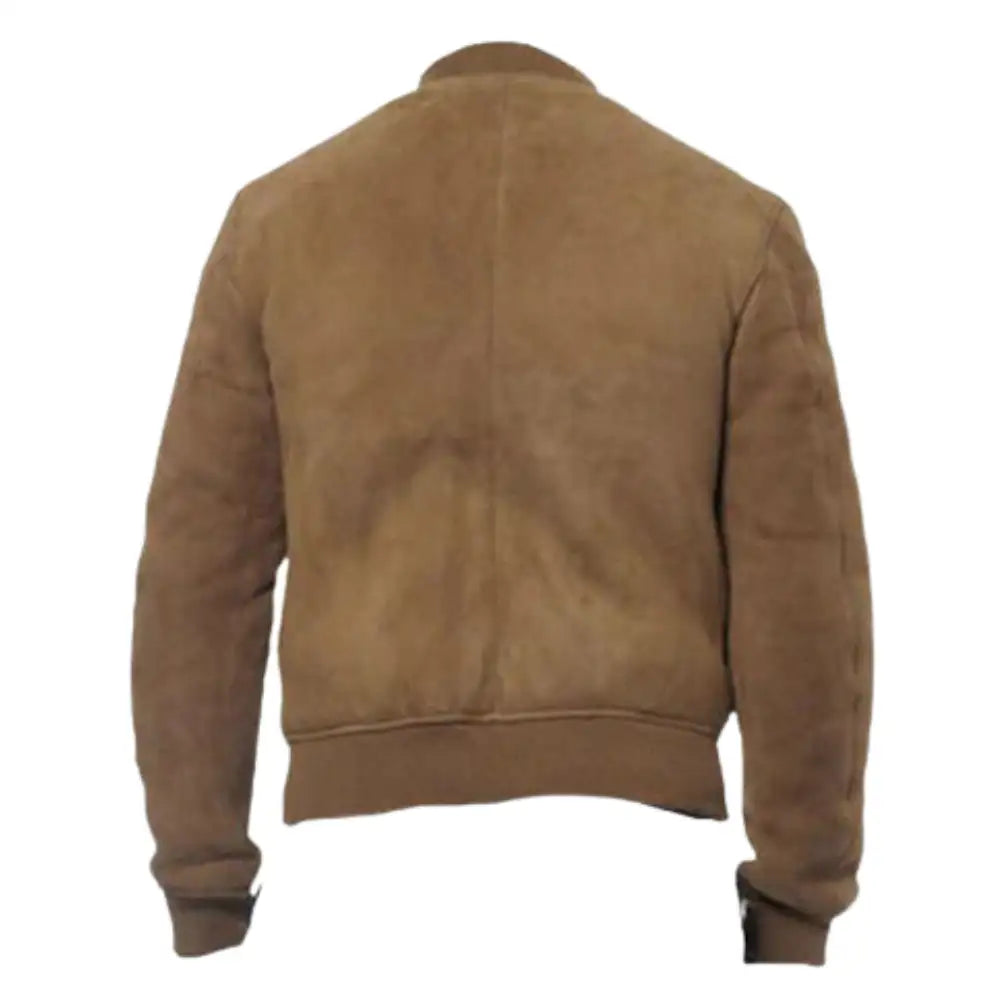 Rear view of Brown suede jacket on a white background