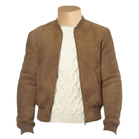 Brown suede jacket on a mannequin with a white sweater underneath