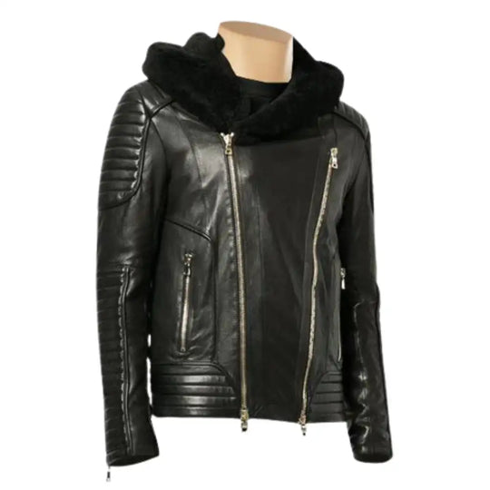 Close stitching and pocket detail on Sundown Fur Hooded Leather Biker Jacket