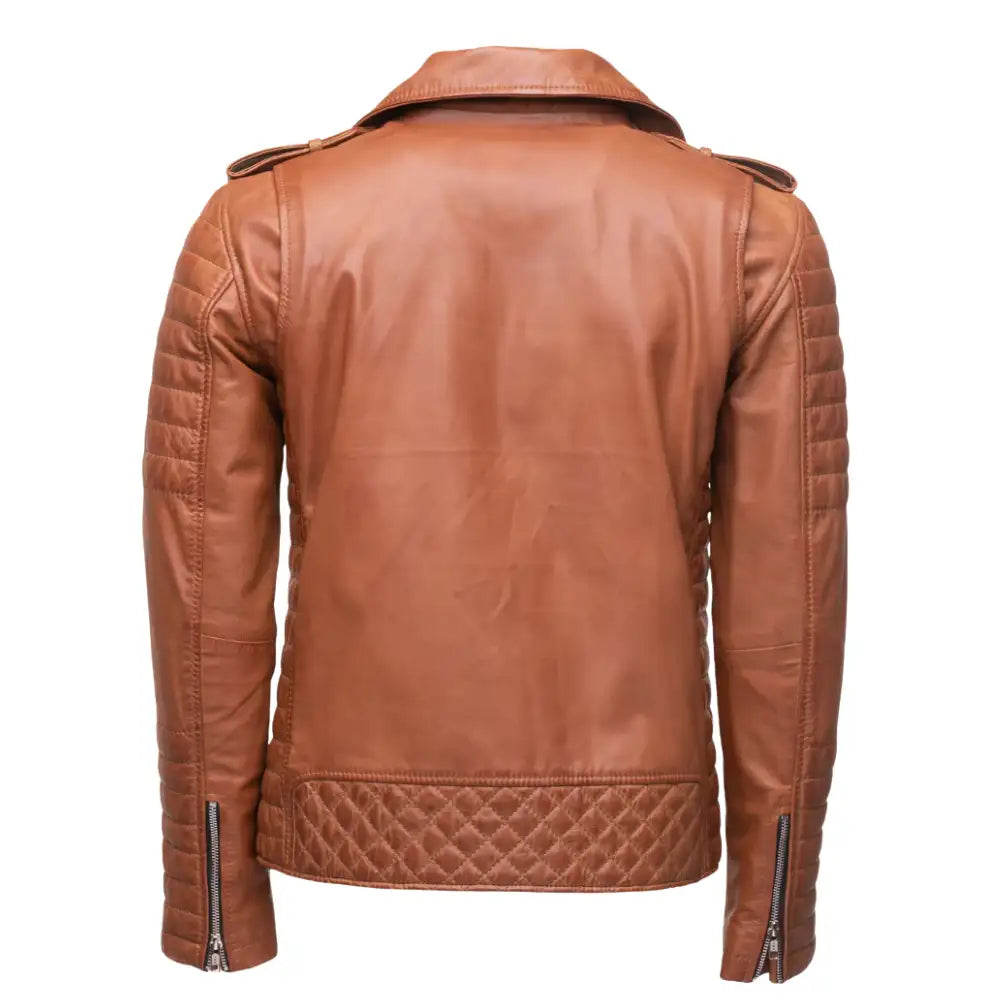 Back view of Tan Quilted Leather Biker Jacket highlighting quilted panel design