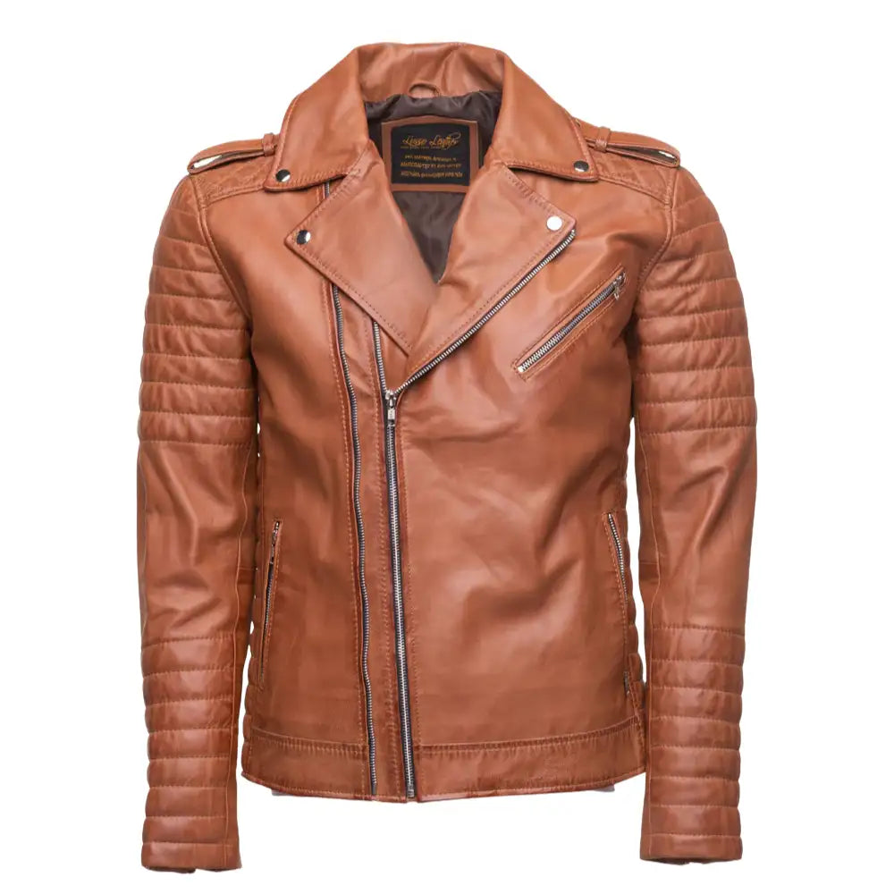 Tan Quilted Leather Biker Jacket front profile showing quilted leather detailing