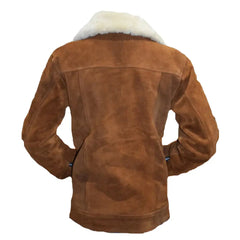 Rear view of Tan suede bomber jacket with white fur collar on a mannequin against a white background