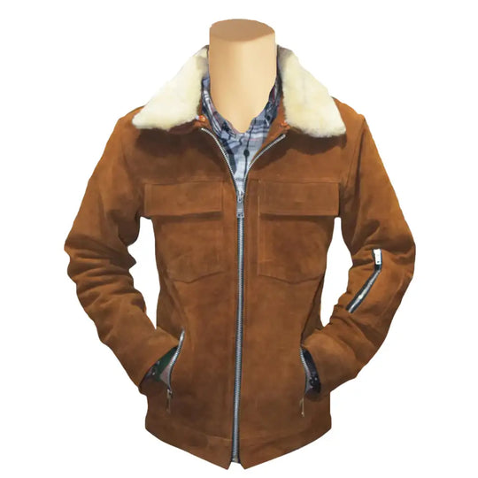 Front view of Tan suede bomber jacket with white fur collar on a mannequin against a white background