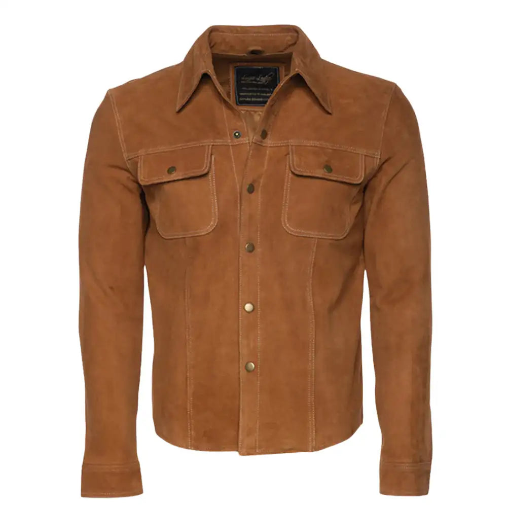 Front view of tan suede leather shirt jacket with button details on a white background