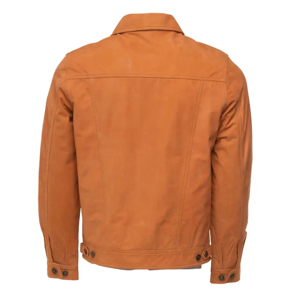Rear view of tan Brown suede trucker leather jacket with button details on a white background