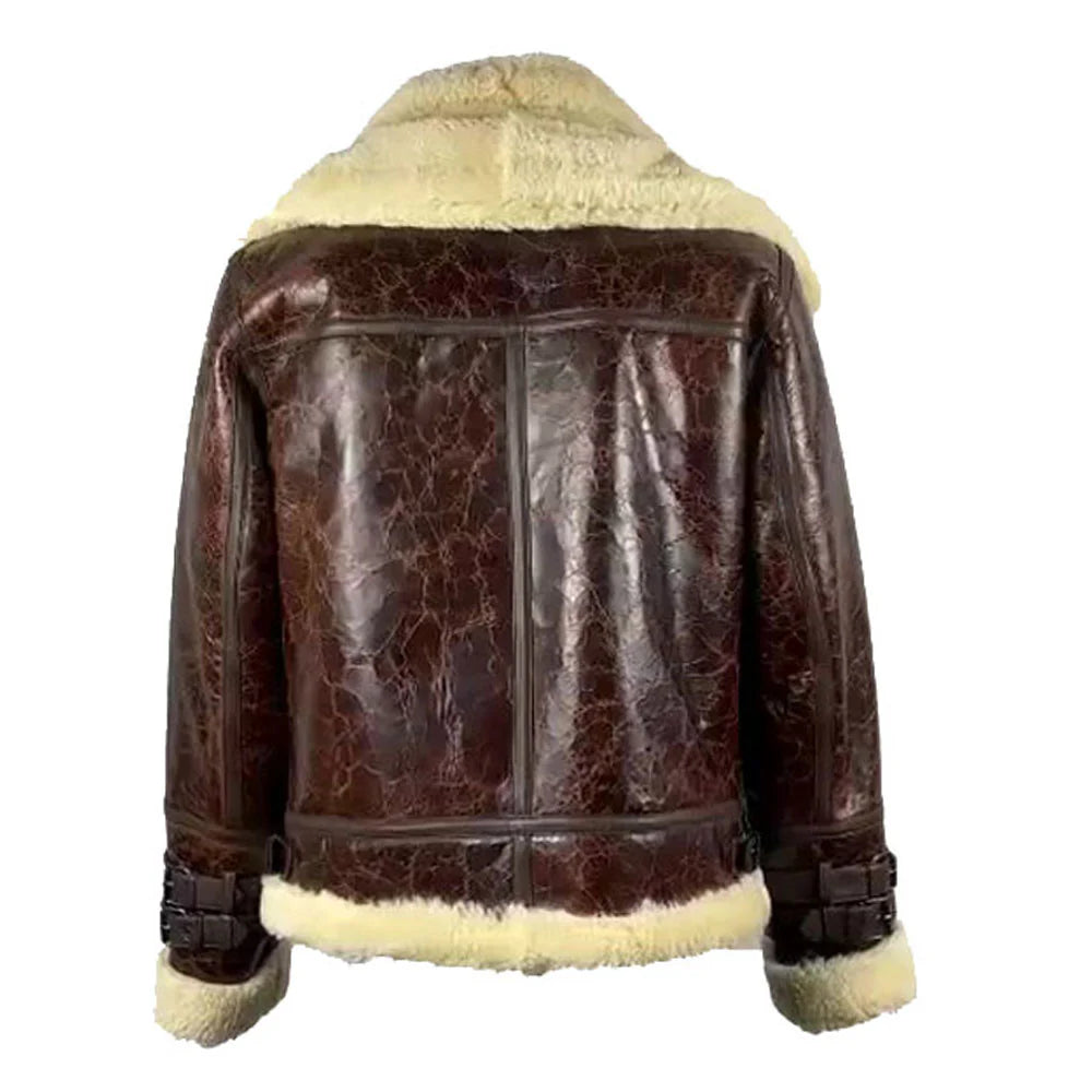 Back view of Terry Gretzky Vintage Oxblood bomber jacket with double collar with fur lining on a white background