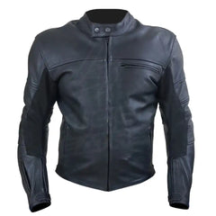 Full front view of The Real Racer black leather jacket, featuring an aggressive pre-curved racing fit and external TPU shoulder sliders.