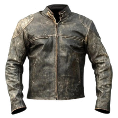 Theon's Distressed Leather Jacket With Shoulder Patch front view distressed leather jacket with shoulder patch