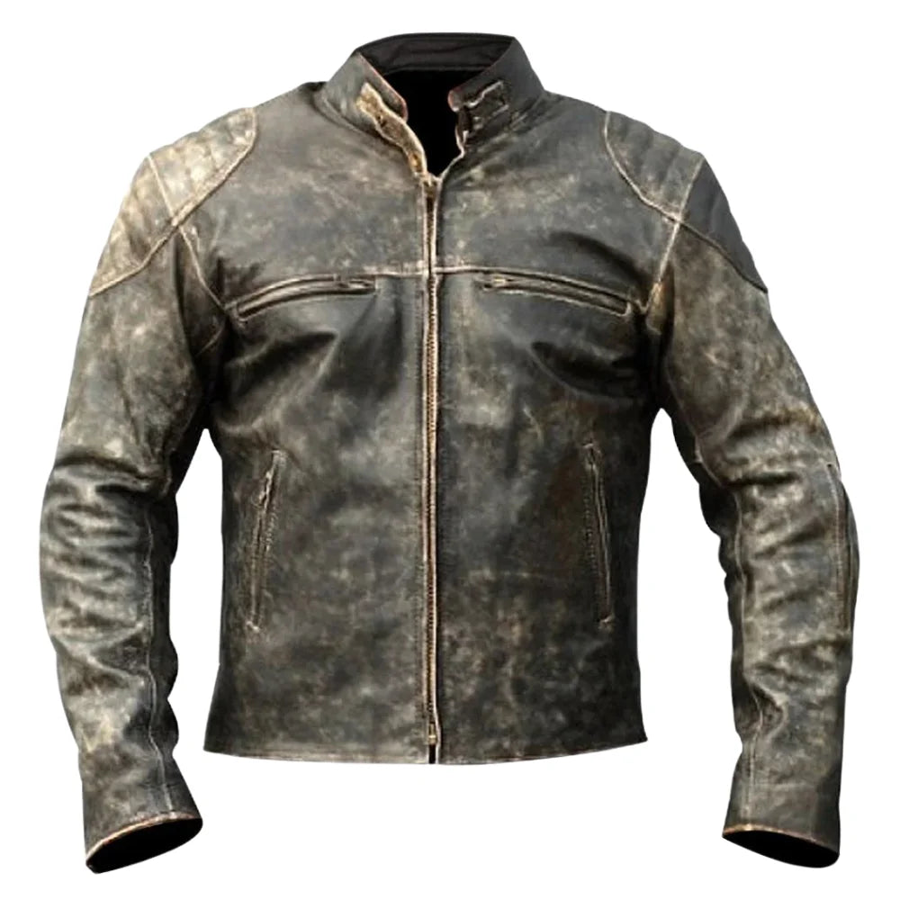 Theon's Distressed Leather Jacket With Shoulder Patch front view distressed leather jacket with shoulder patch
