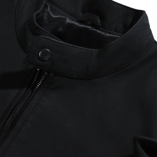 Tory Matte Black Cafe Racer Jacket front panel leather detail minimalist design