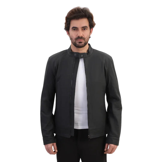Model wearing Tory Matte Black Cafe Racer Jacket black leather racer jacket outfit