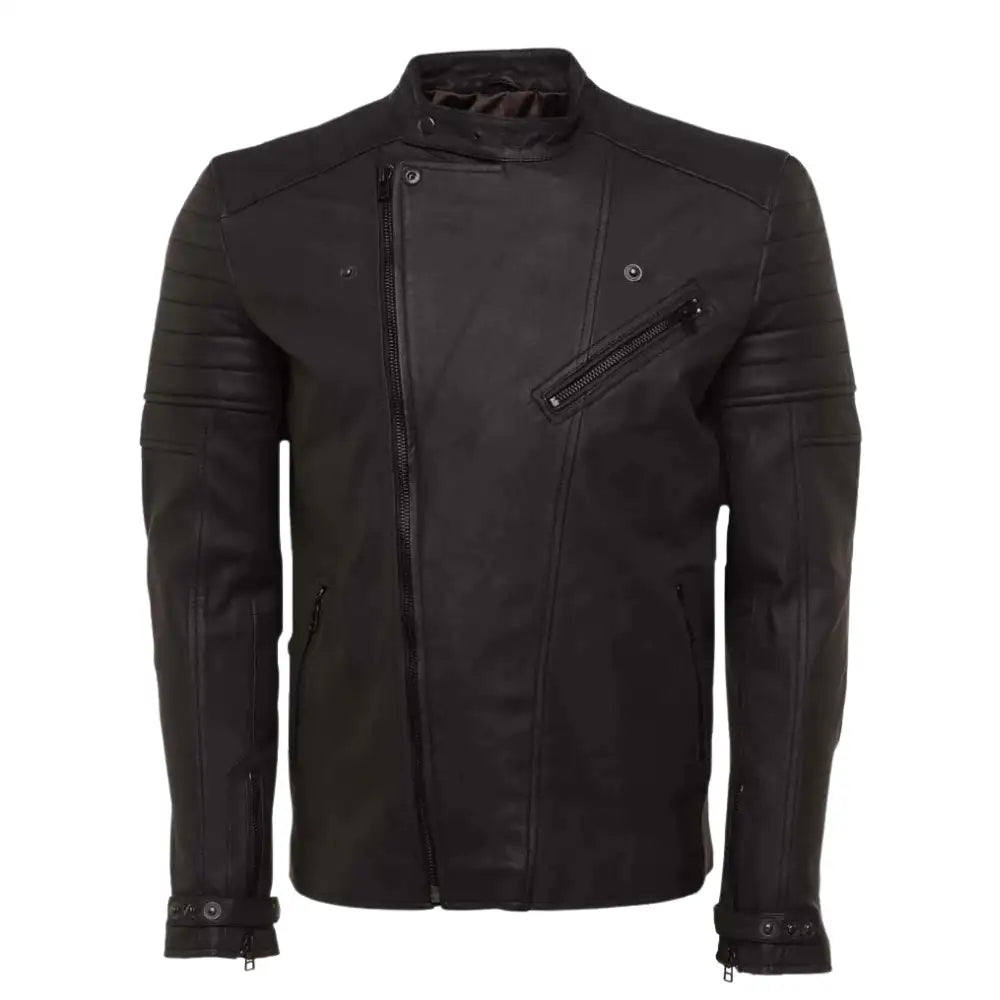 A detailed shot of the silver-tone hardware and buckle adjustments on the Turner's Matte Ribbed Leather Biker Jacket.
