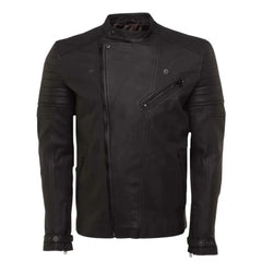 A detailed shot of the silver-tone hardware and buckle adjustments on the Turner's Matte Ribbed Leather Biker Jacket.