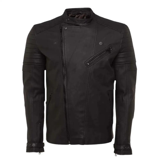 A detailed shot of the silver-tone hardware and buckle adjustments on the Turner's Matte Ribbed Leather Biker Jacket.