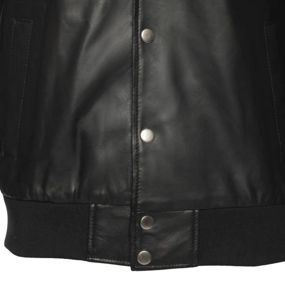 Victor Black Varsity Leather Jacket button closure detail varsity jacket