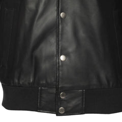 Victor Black Varsity Leather Jacket button closure detail varsity jacket