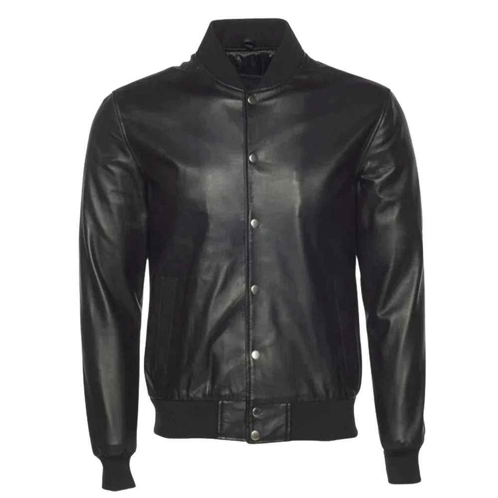 Victor Black Varsity Leather Jacket front view black varsity leather jacket