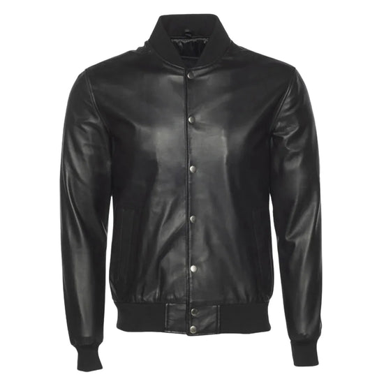 Victor Black Varsity Leather Jacket front view black varsity leather jacket