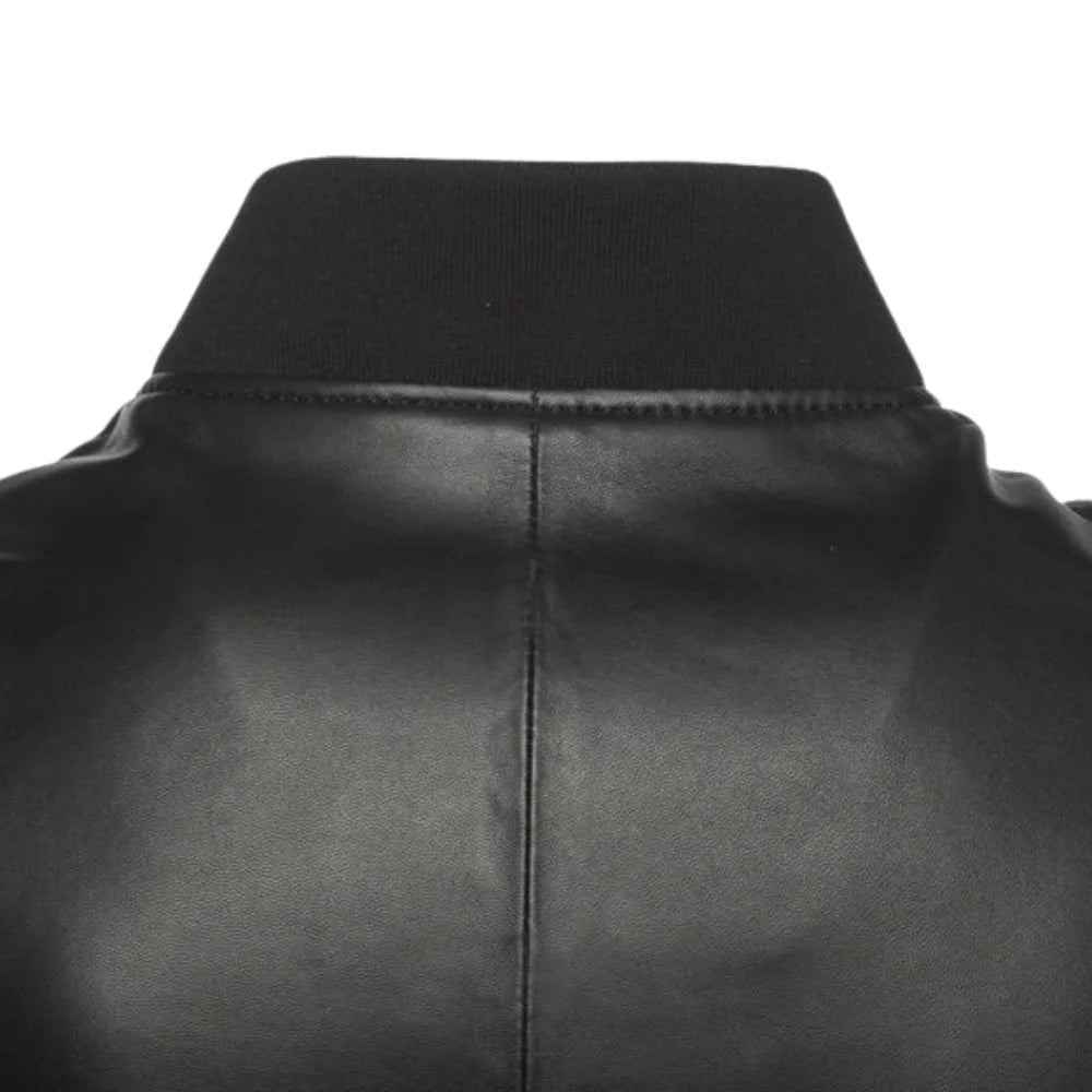 Victor Black Varsity Leather Jacket ribbed cuffs detail black leather jacket