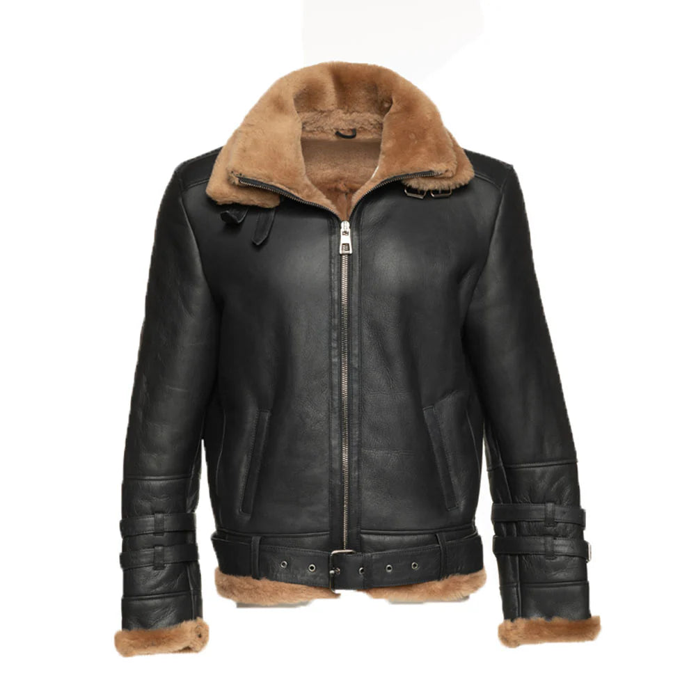 Front view of Viktor's black aviator bomber leather jacket on a mannequin, featuring a plush black shearling collar.