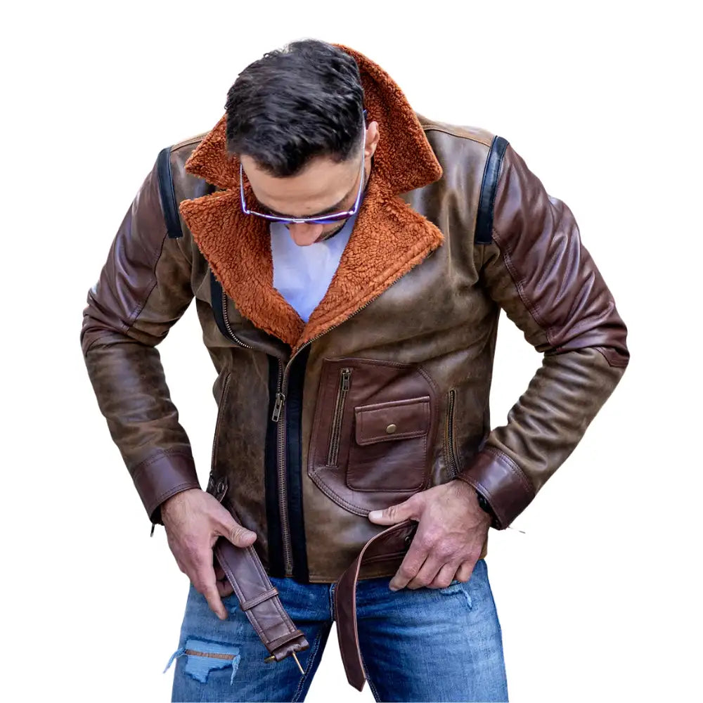 Model wearing Vintage Brown Sherpa D-Pocket Leather Biker Jacket styled with casual denim