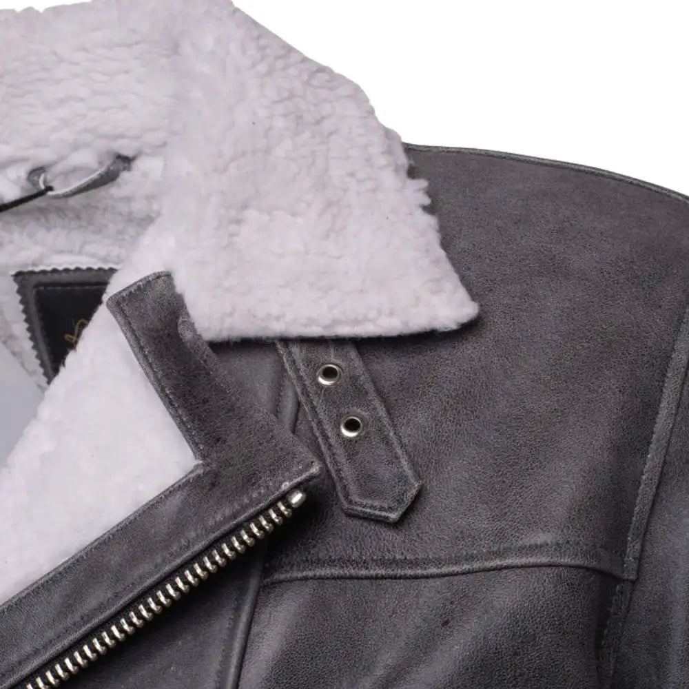 Closeup texture of Vintage Grey Leather Biker Jacket showing distressed leather finish