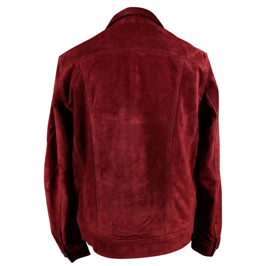 The back view of Weston's maroon suede leather shirt showcasing the smooth suede texture, tailored yoke, and clean-cut hemline.