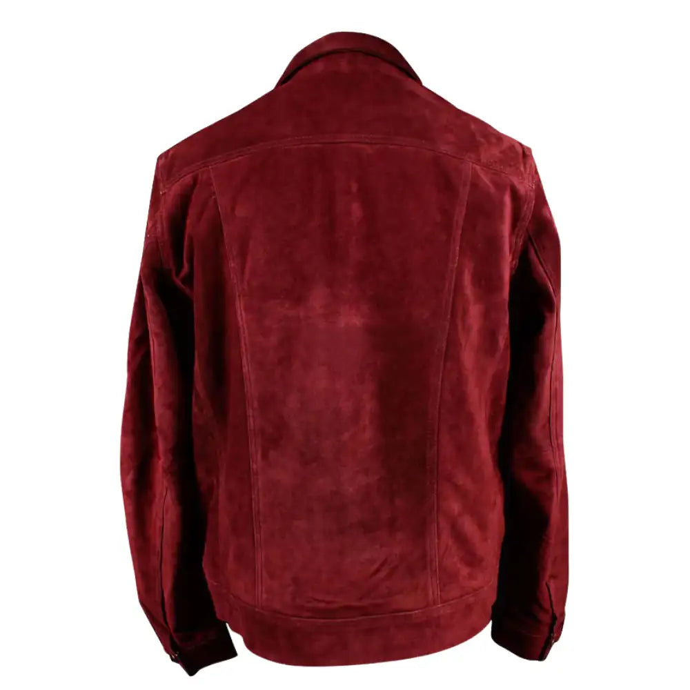 Rear view of weston maroon suede jacket on a mannequin against a white background